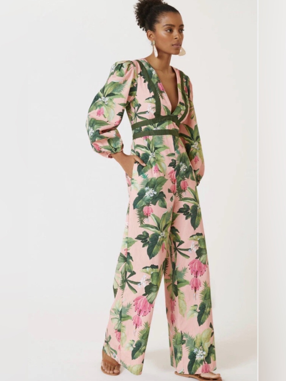 Anthropologie Pink Tropical Floral Wide-Leg Jumpsuit with Green Trim